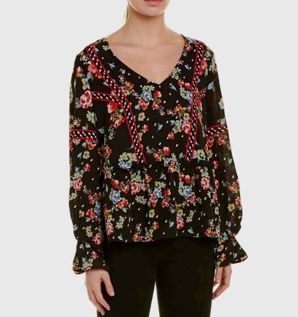 Laundry By Shelli Segal Floral Blouse Small Boho Ruffle Ruched Casual Flirty